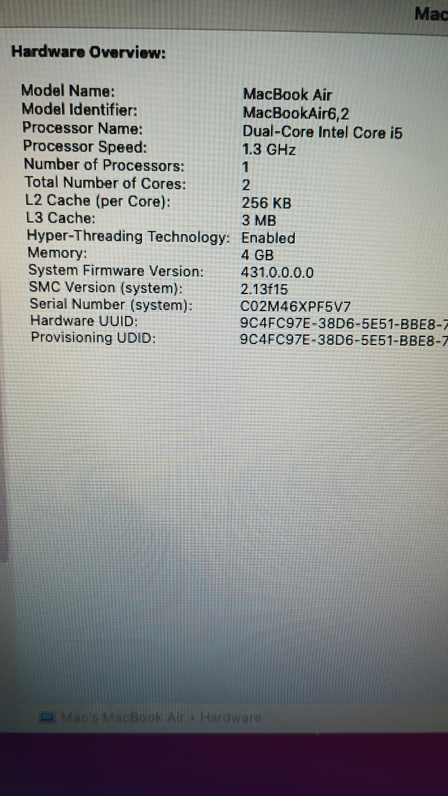 7093 MacBook Air A1466(No charger, No battery).i5.4GB.120GB SSD.13.3″.Big Sur.