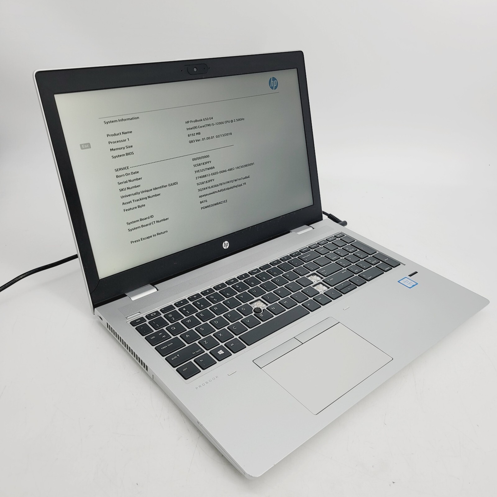HP Probook 650 G4 Core i5-7200U 2.5GHz 8GB RAM No HDD 15.6″ ***Boot to Bios