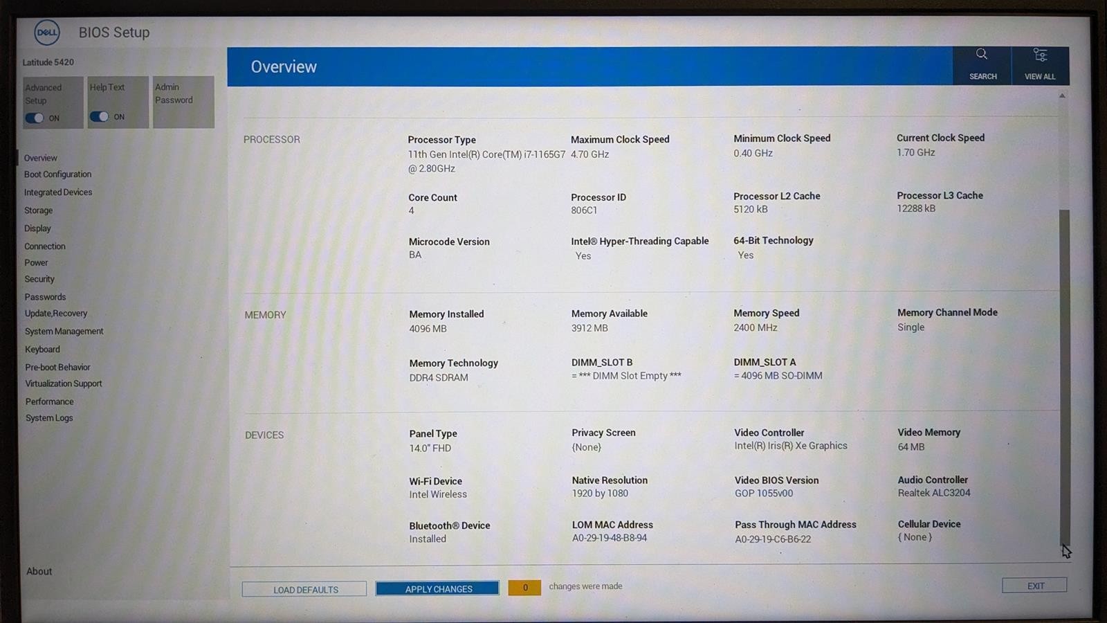 DELL LATITUDE 5420 i7-1165G7 @ 2.80GHz, 4GB RAM, NO HDD/OS