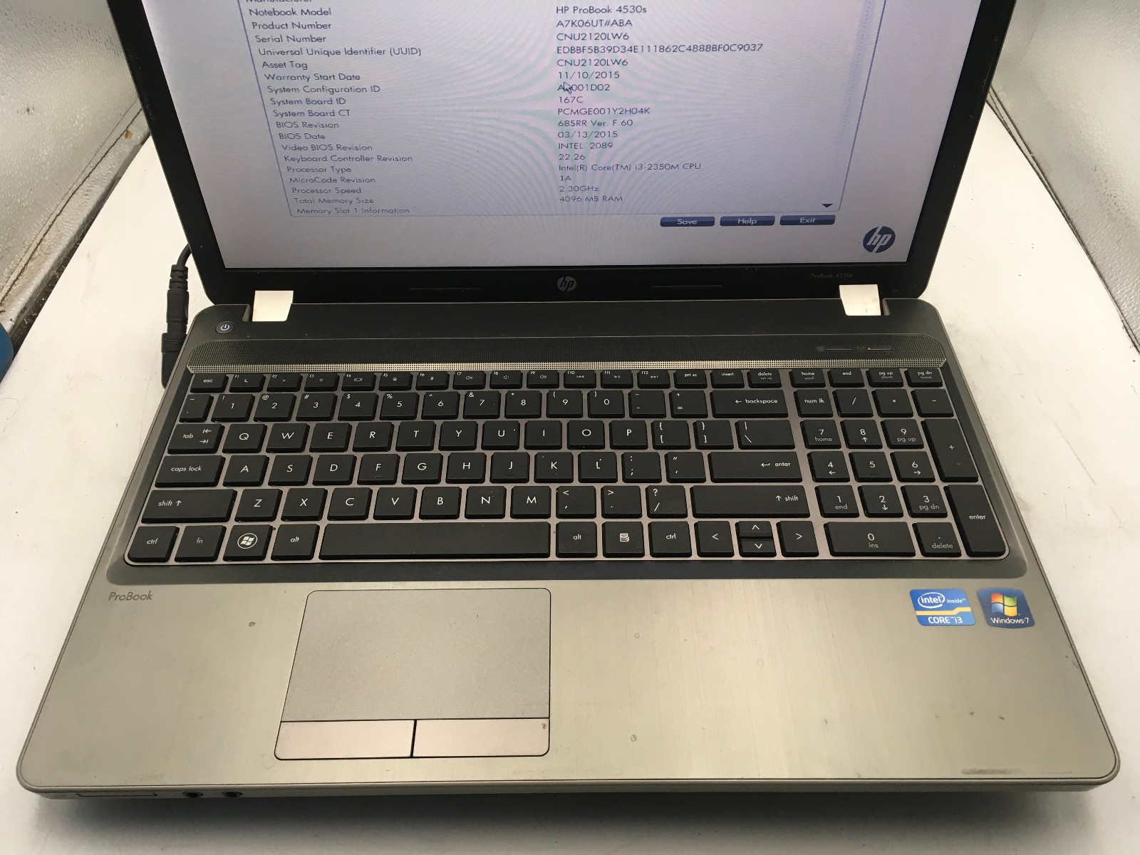 HP PROBOOK 4530S – BOOTS TO BIOS – INTEL I3 2350M – NO RAM – READ DESCRIP – BB !
