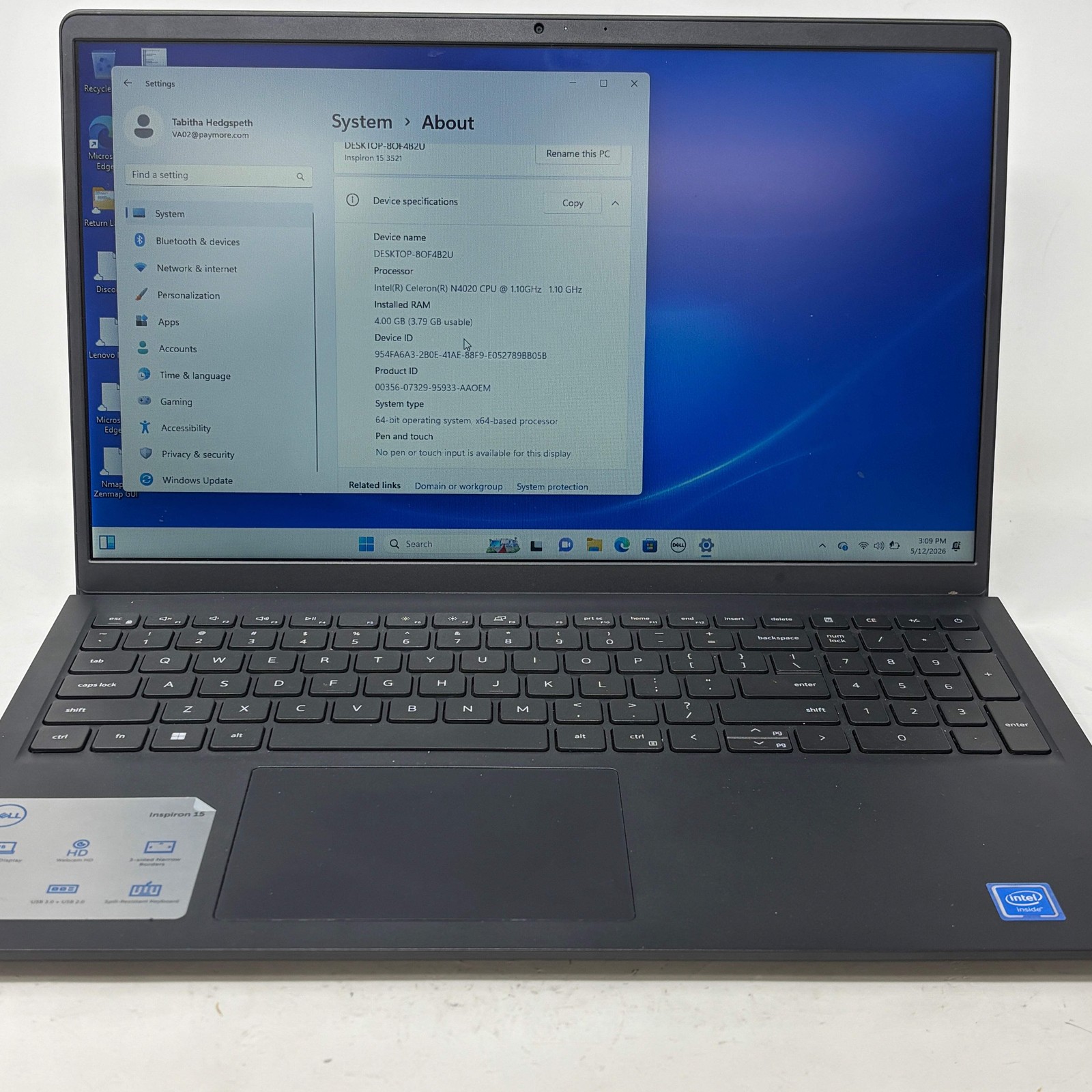 Dell Inspiron 15 15.6″ Celeron N4020 1.10Ghz 4GB RAM 128GB SSD