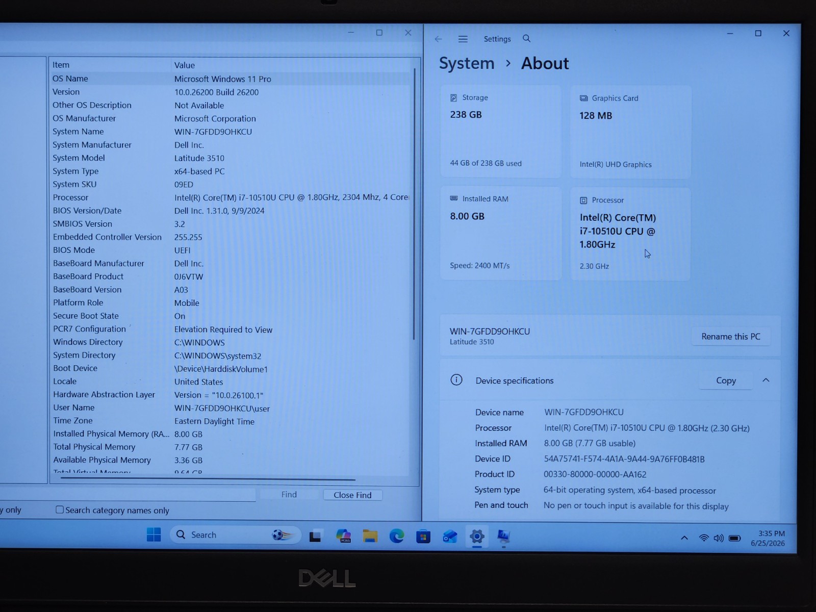 Dell Latitude 3510 Intel Core i7-10510U @ 1.80GHz 8GB RAM 256GB SSD W11P + AC