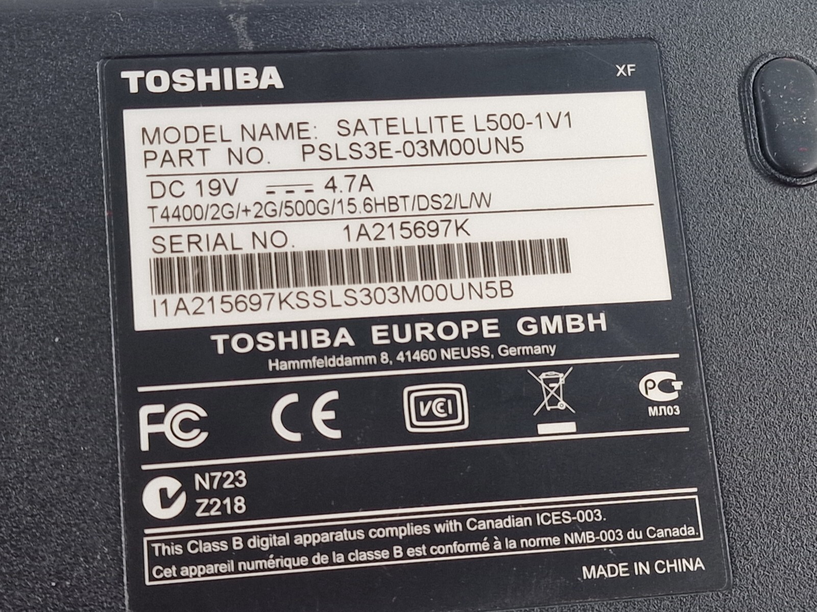 Lenovo Satellite L500-1V1 Full Computer For Parts Notebook Laptop 1A215697K