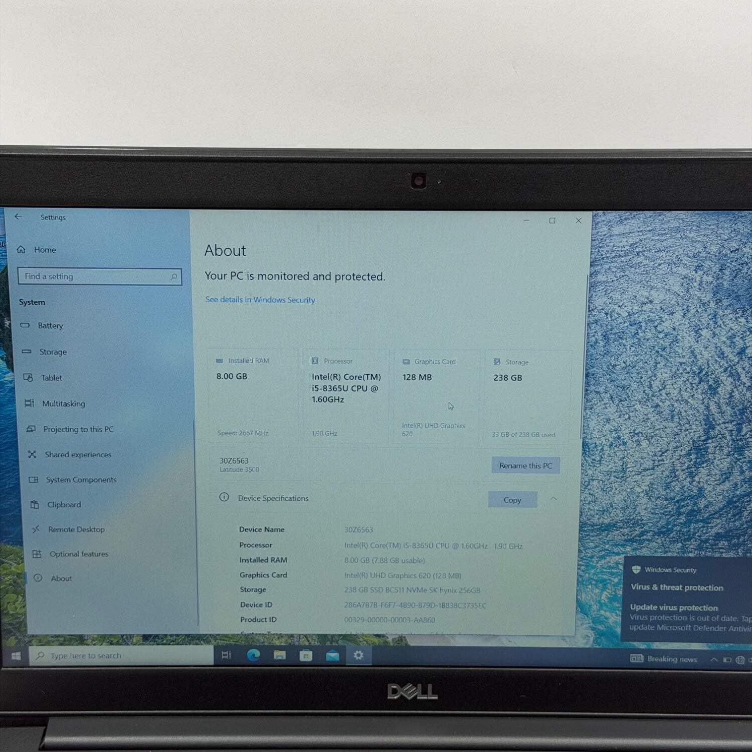 Broken Dell Latitude 3500 15.6″ i5-8365U 1.6GHz 8GB RAM 256GB SSD Bad Batt