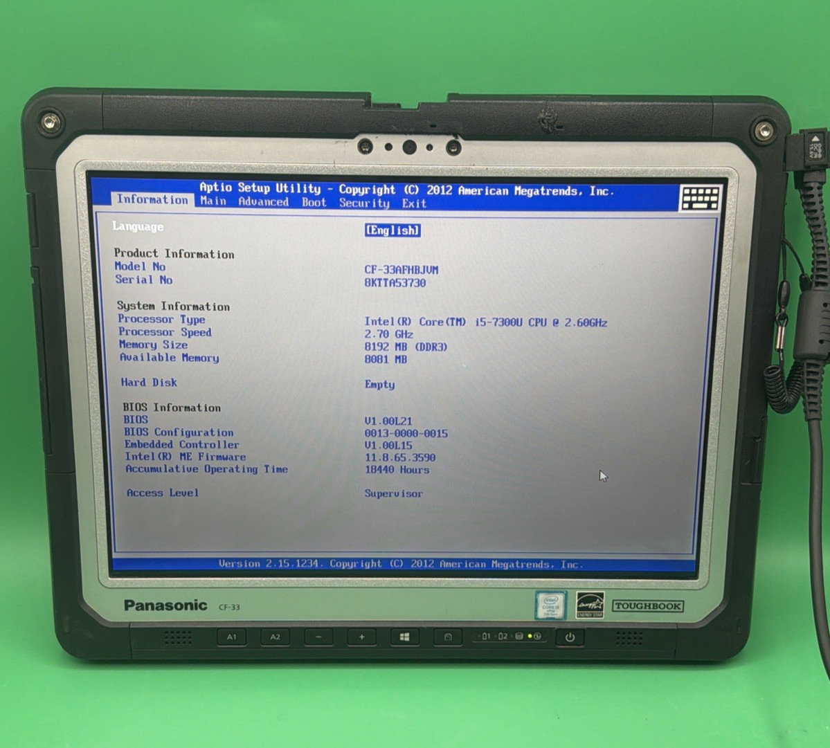 Panasonic Toughbook CF-33 MK1 Tablet i5-7300U 2.6GHz 8GB RAM No Drive/Battery