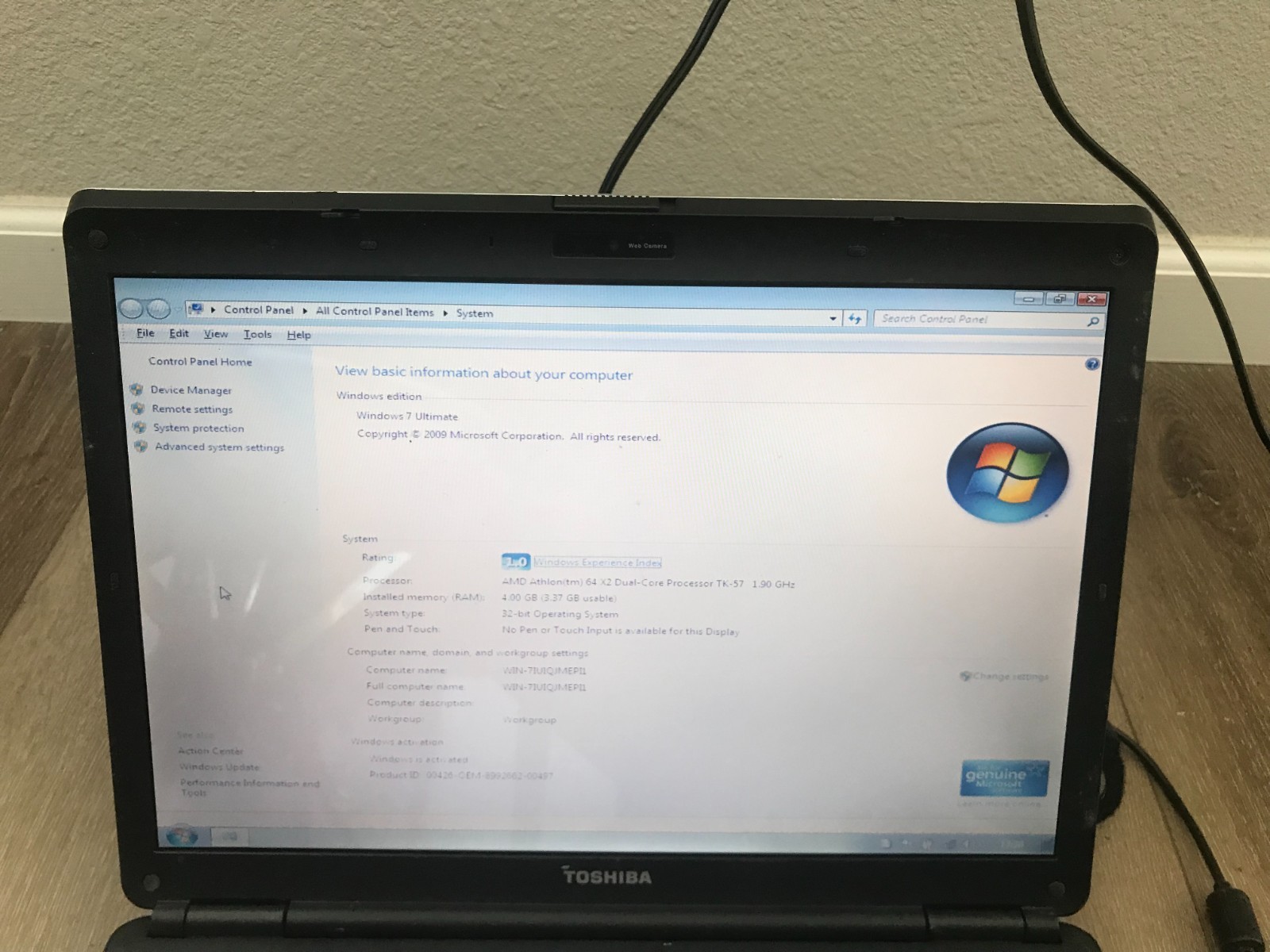 Toshiba Satellite L300D AMD Athlon 64×2 Dual-Core TK-57 1.90GHz 4GB RAM 160GB