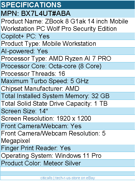 HP BX7L4UT#ABA ZBook 8 G1ak 14″ Copilot+ PC Mobile Workstation – Meteor Silver