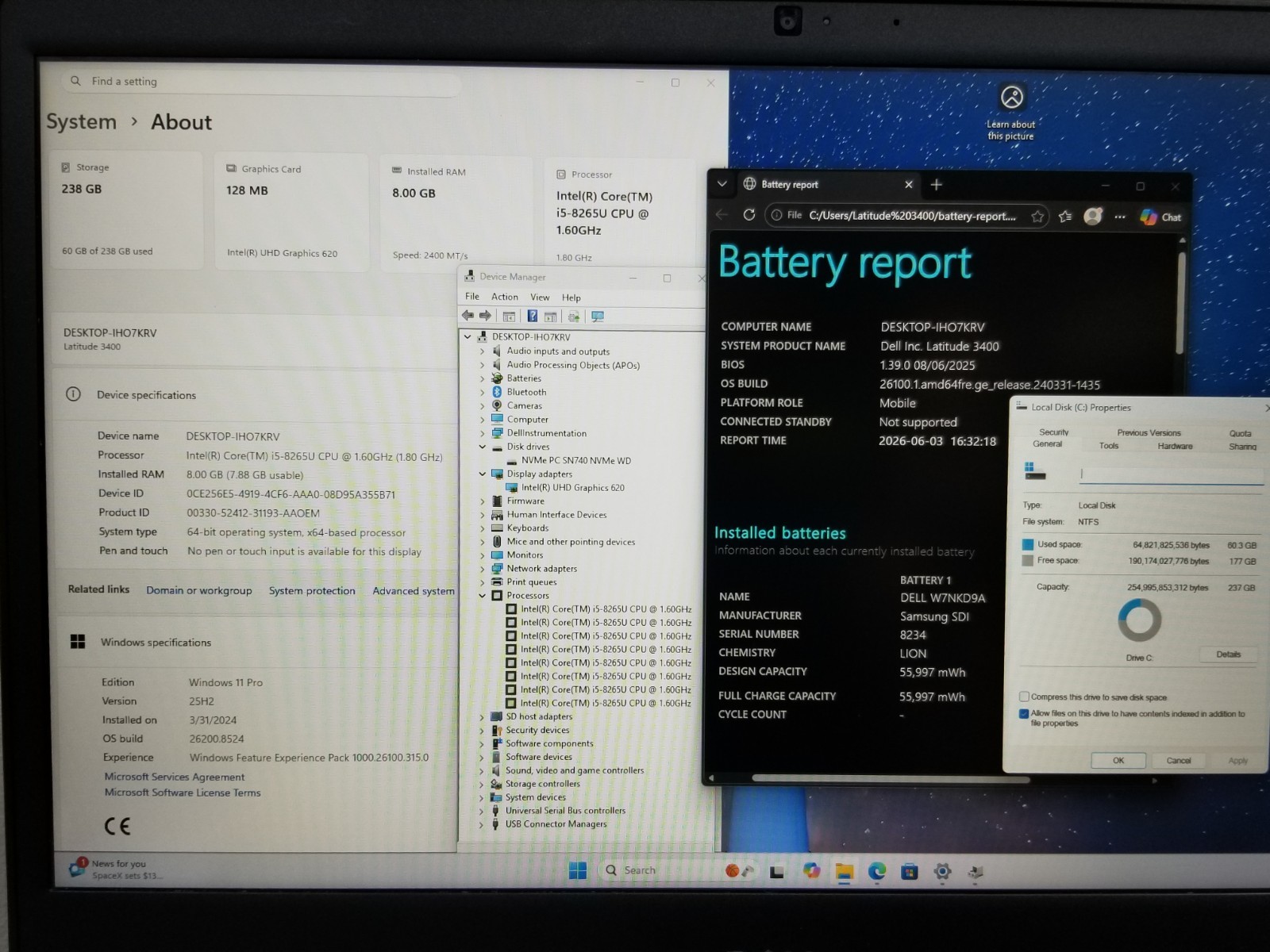 Dell Latitude 3400 14″ FHD i5-8265U 1.6GHz 8GB RAM 256GB NVMe Win 11 Pro WiFi BT