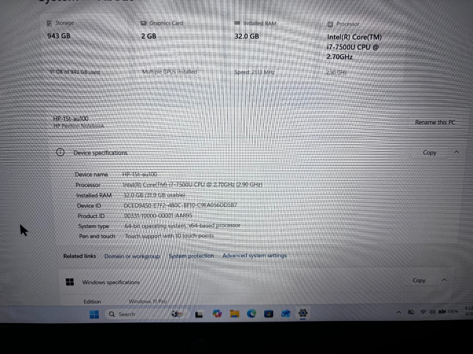 HP 15t-au100 i7 TOUCH 2.7 GHz 500GB+512GBNVME SSD 32GBRam Win11P w/100%🔋&45W AC