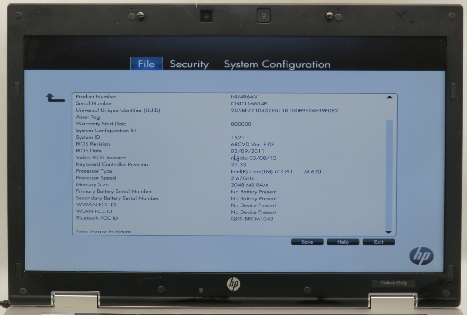 HP EliteBook 8540p _ i7-870 @ 2.6 _ 4GB DDR3 _ No SSD / OS _ w/ AC *PARTS