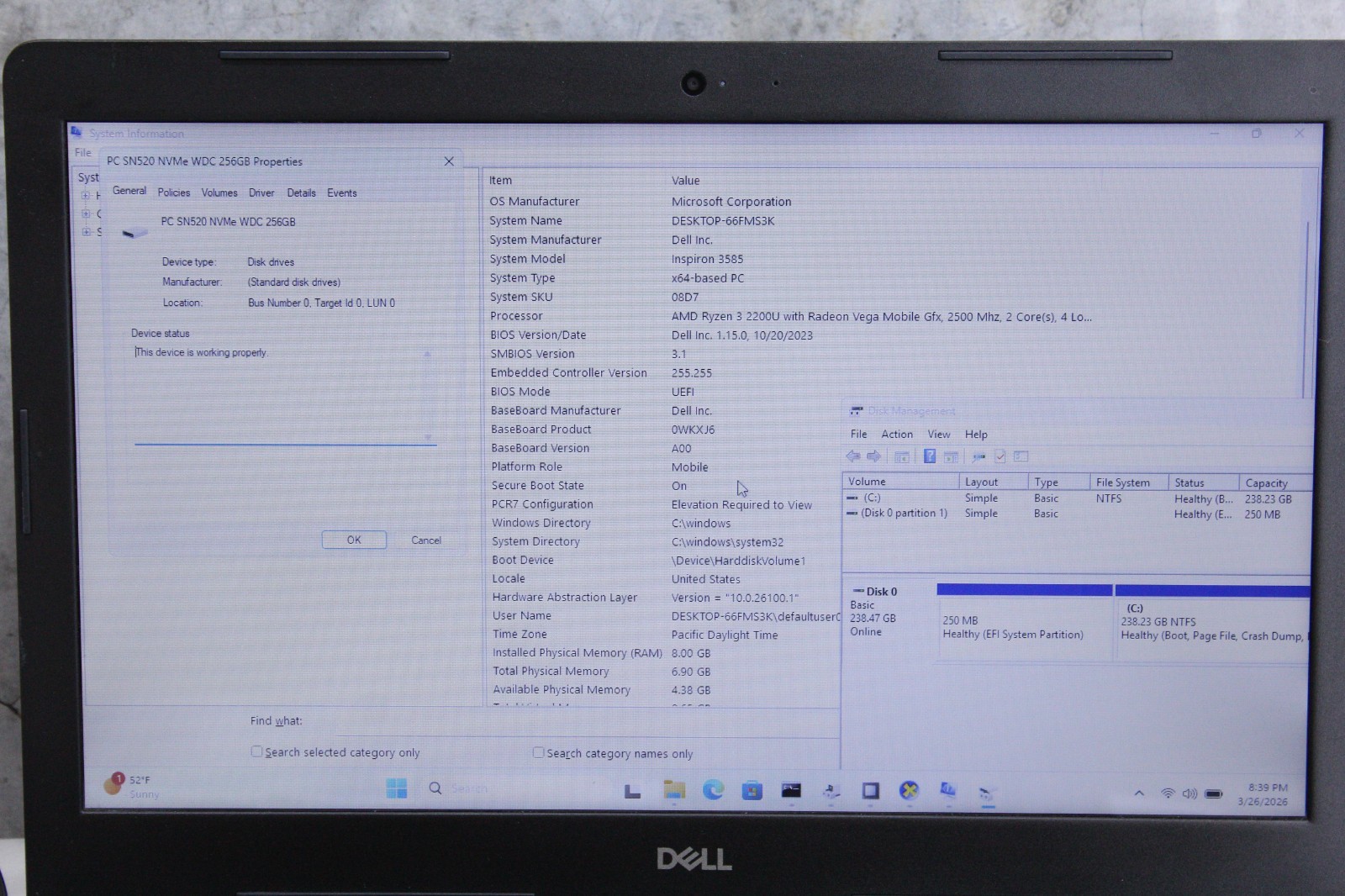 Dell Inspiron 3585 | Grade B- | Ryzen 3 2200U, 8GB Ram, 256GB NVMe, Win11 Home