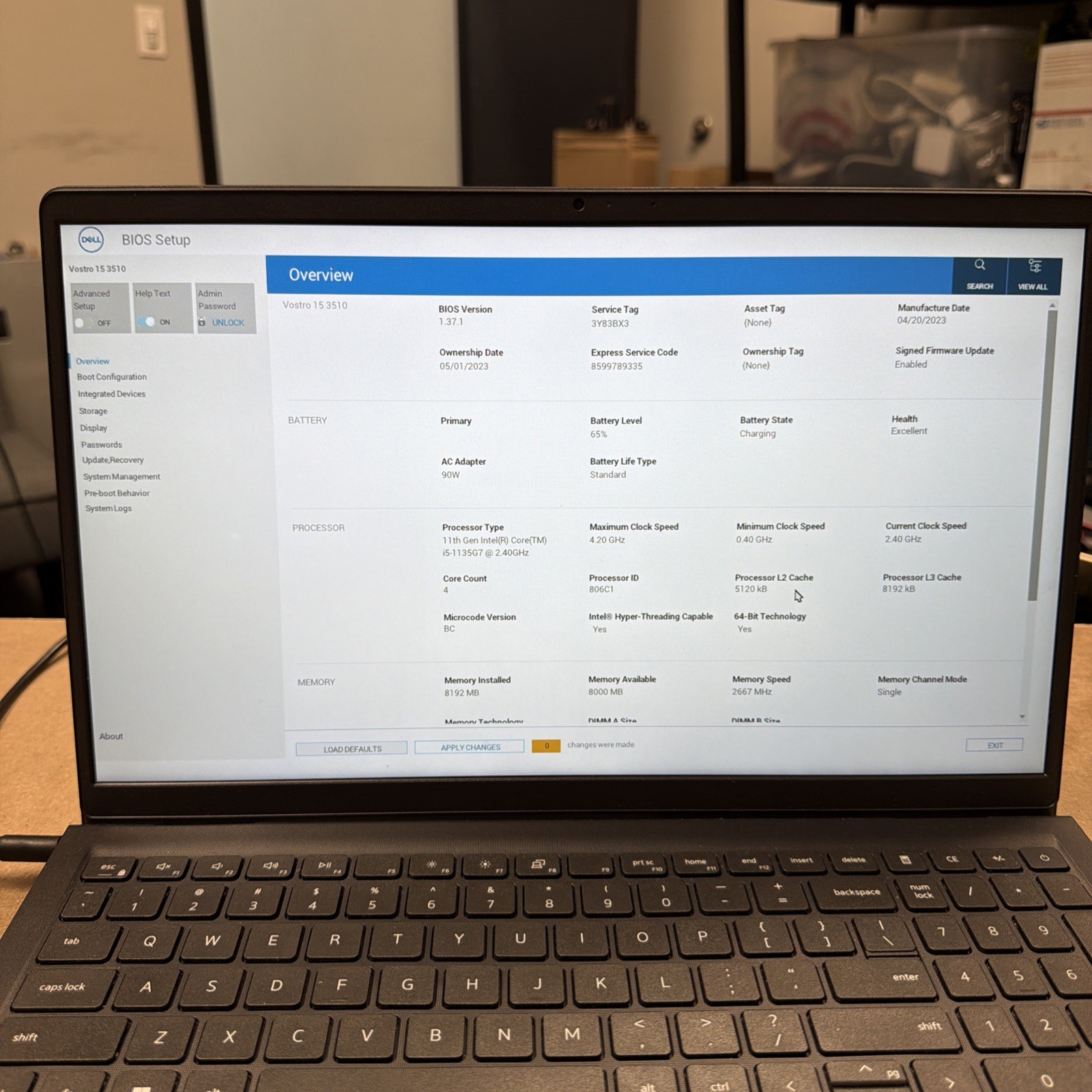 *BIOS PASSWORD Dell Vostro 15 3510 15″ Core i5-1135G7 2.4GHz 8GB RAM NO HD/OS