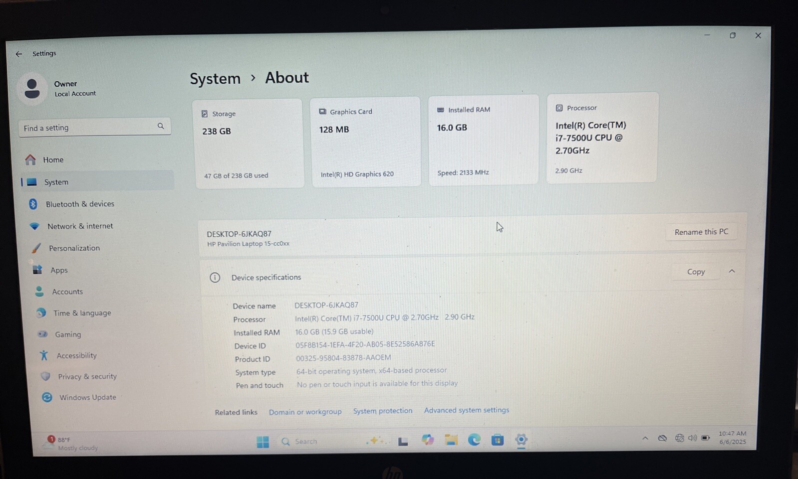 HP Pavillion 15-cc0550d 14″ i7-7500U@2.7GHz, 8GB RAM, 256 GB M2, W11P * READ*