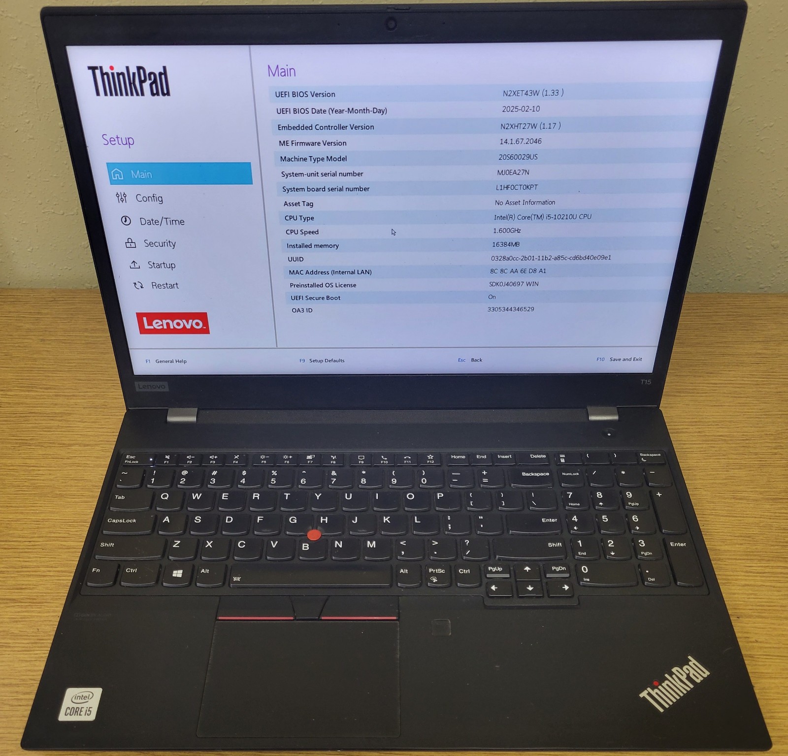 Lenovo ThinkPad T15 Gen1 i5-10210U 1.60GHz 16GB 256GB NVMe No OS