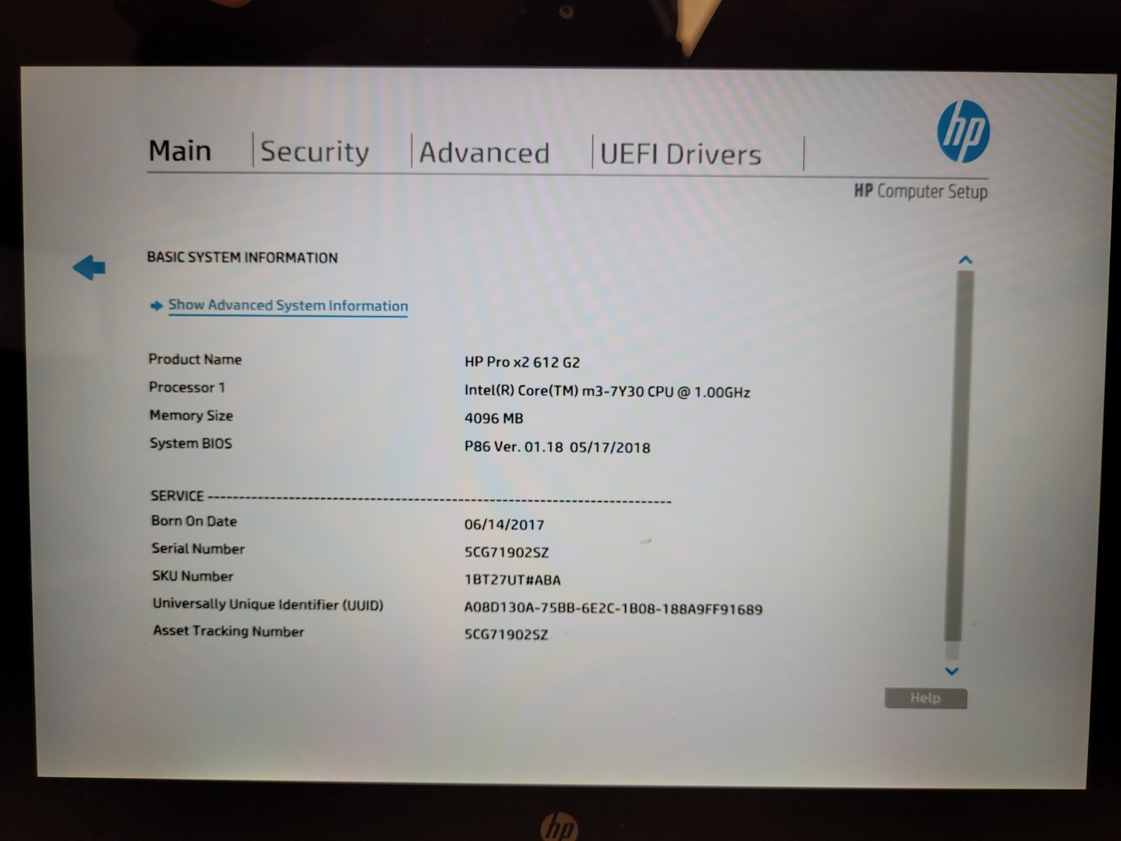 Hp pro x2 612 G2 tablet 12″touch m3-37Y30 1ghz 4gb ram 128gb ssd 5CG71902SZ
