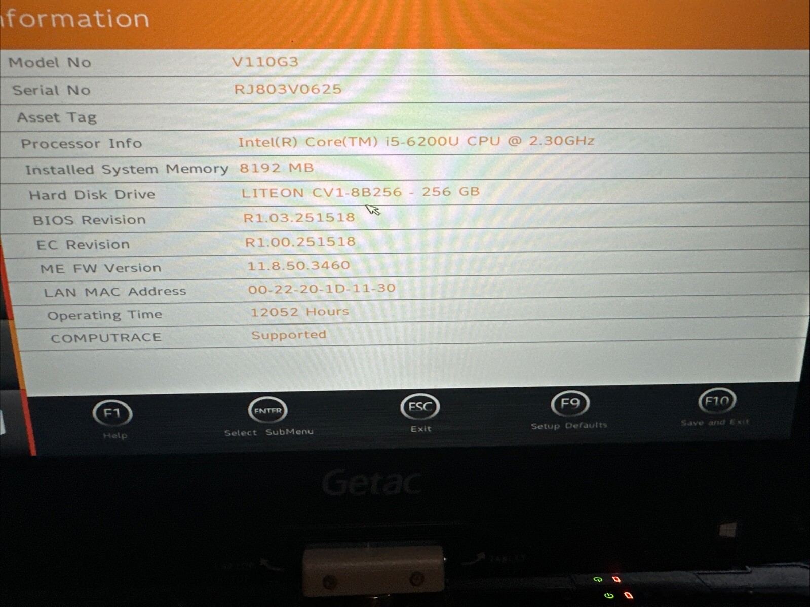 Getac V110 G3 11.6″ Touchscreen Laptop i5-6200U 2.3GHz 8GB 256 SSD W10 Read/Pics