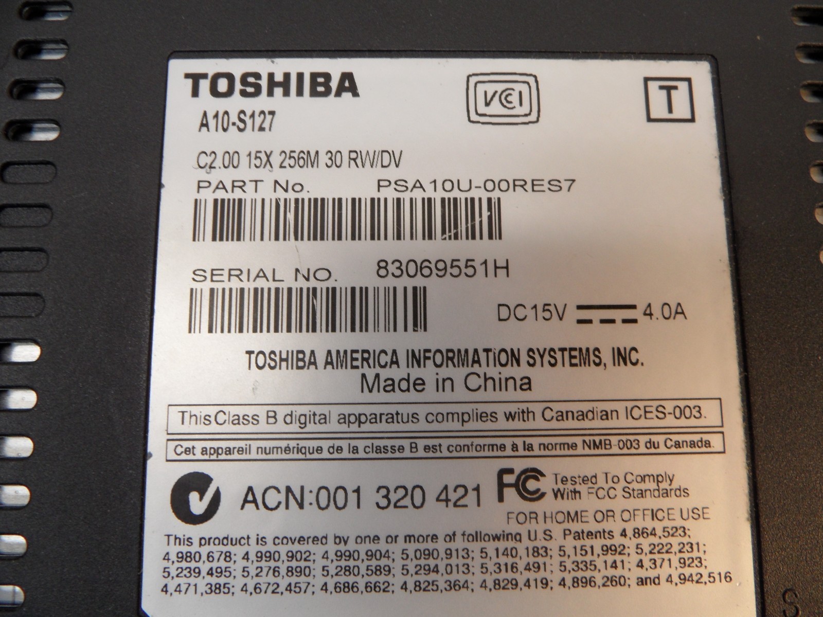 Toshiba Satellite A10 A10-S127 Parts Laptop No Hard Drive Posted To Bios