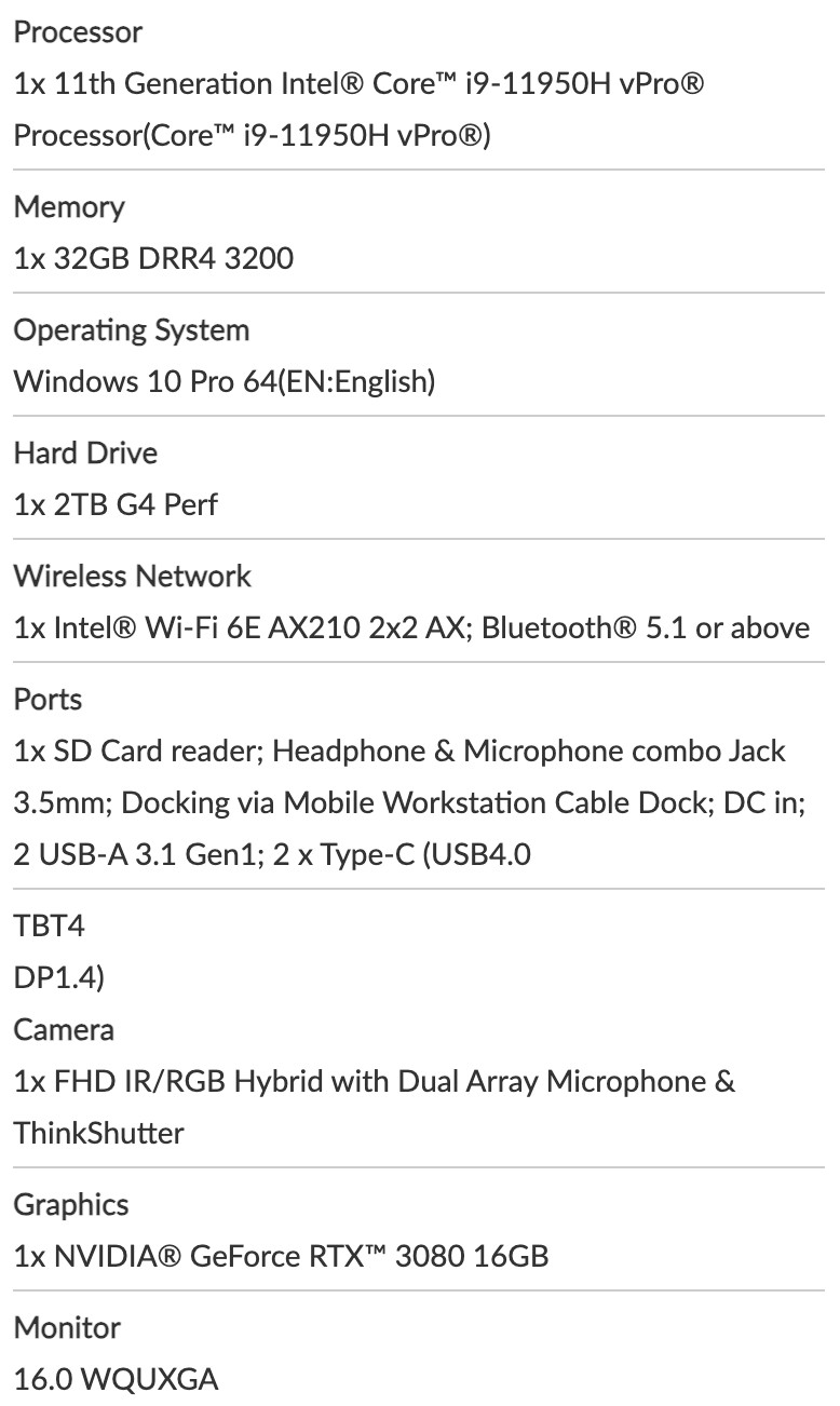 Lenovo ThinkPad P1 Gen 4/16″/i9 11950H/32GB/2TB/RTX 3080 16GB/READ DESCRIPTION