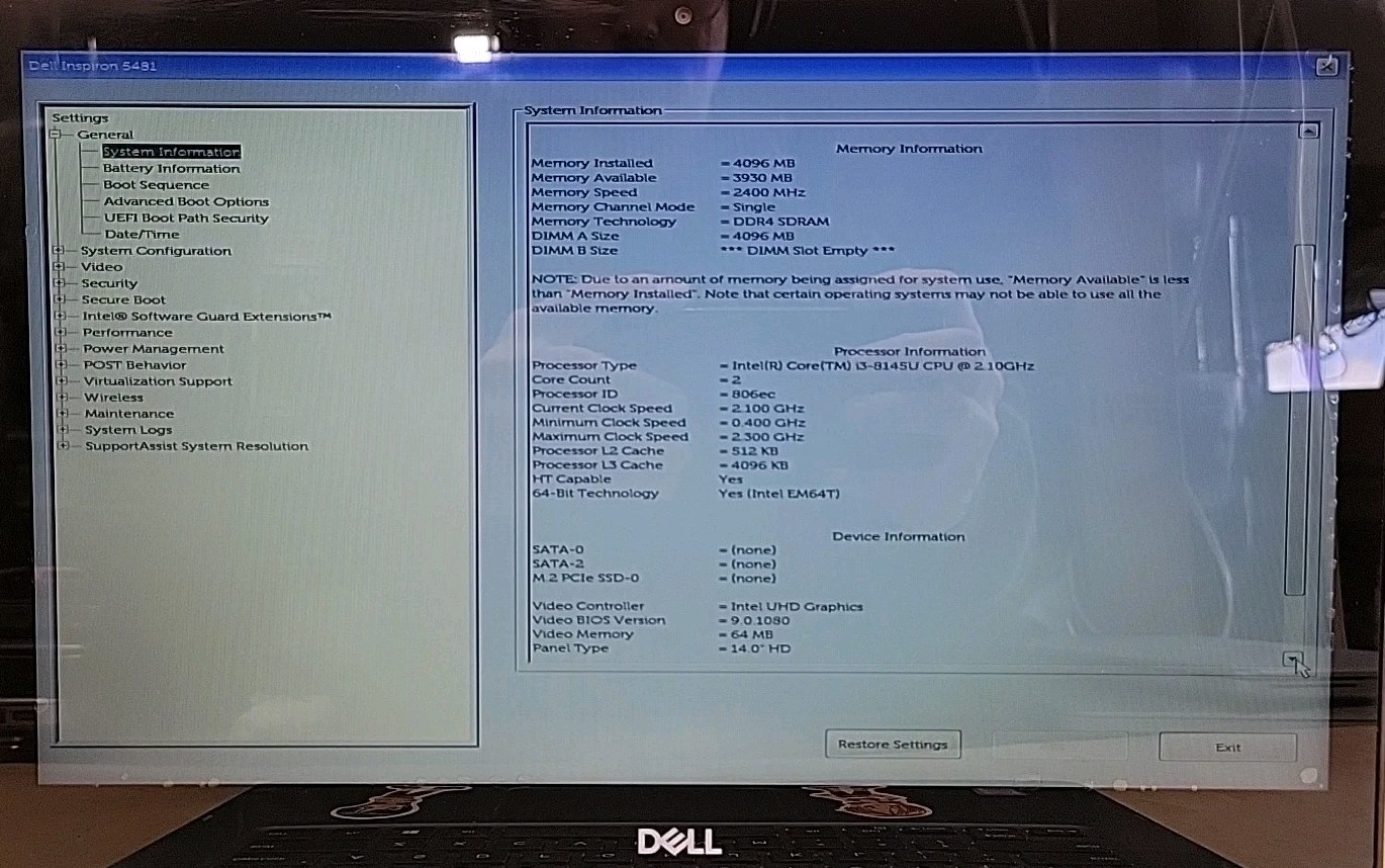 Dell Inspiron 5481, Intel Core i3-8145U @ 2.1GHz, 4GB RAM, NO SSD, NO OS *READ*