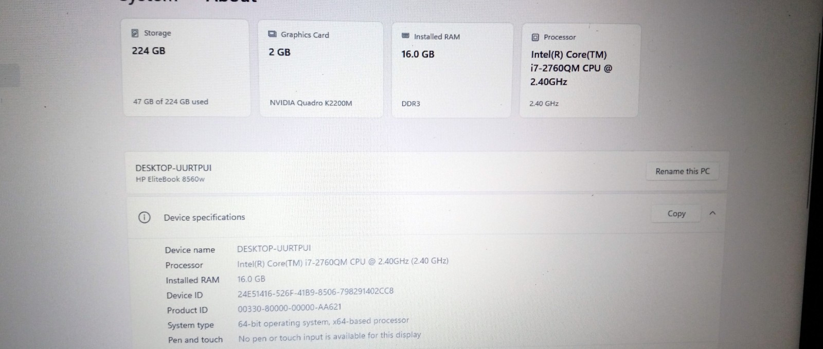 HP 8560w Elitebook laptop I7-2760qm 2.4-3.5Ghz 16GB ram 500GB NVIDIA K2200M