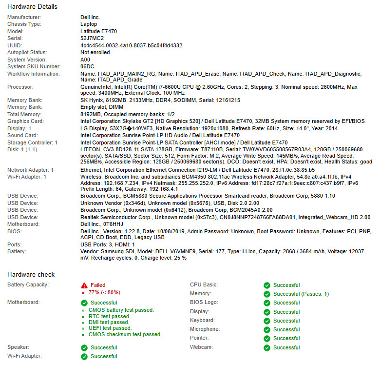 Dell Latitude E7470, i7-6600U CPU, @ 2.60GHz, 8GB RAM, 128GB SSD-No OS/AC