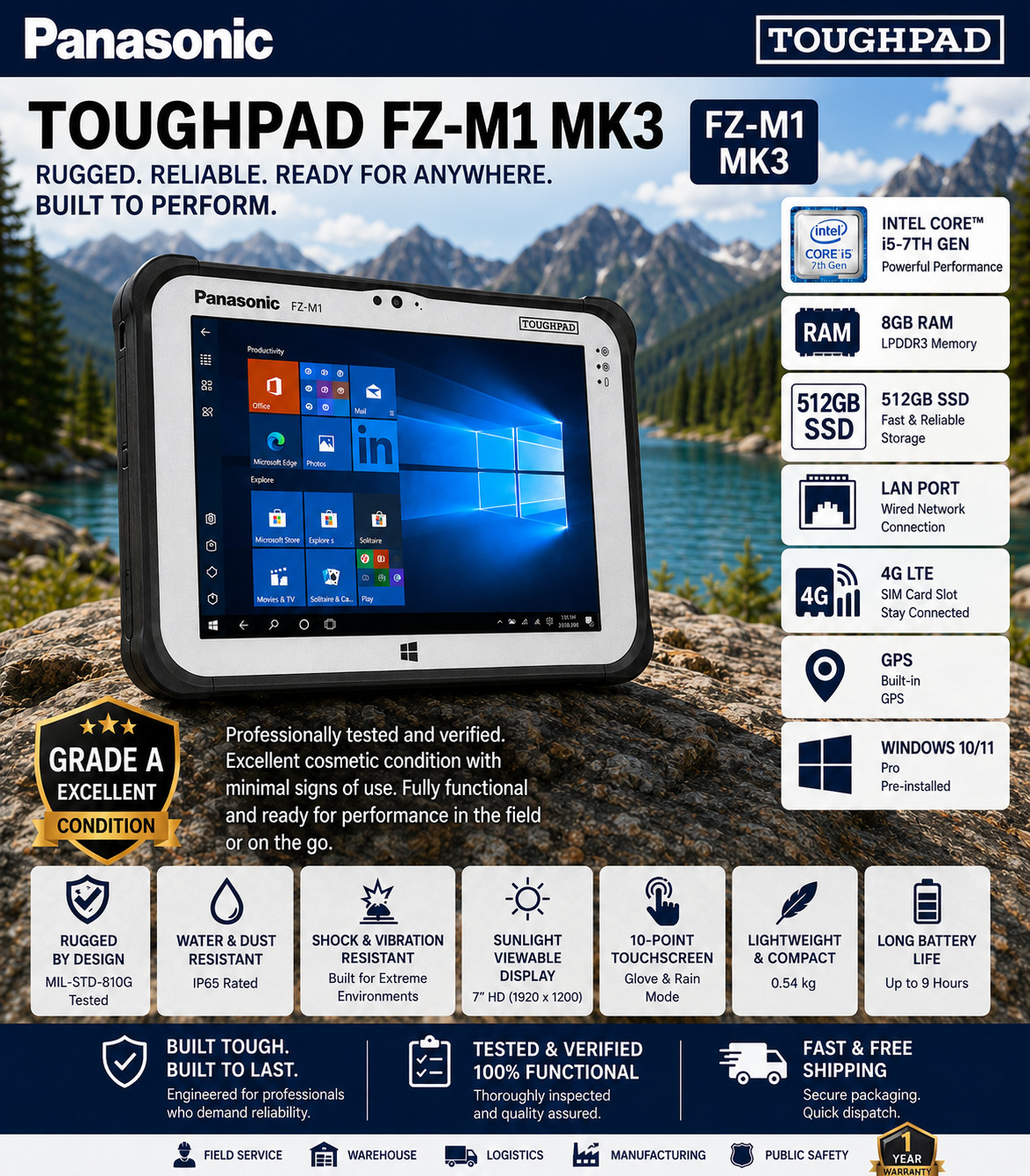 Panasonic ToughPad FZ-M1 MK3 I5 1.2GHz Win 10 8GB, 512 GB Tablet LAN RJ45 4G GPS