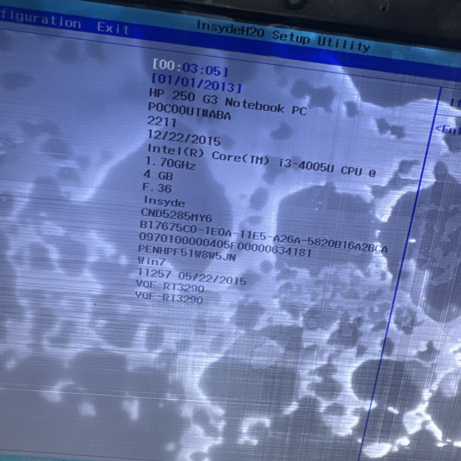 Hp 250 G3 Notebook i3-4005u 4gb Ram No Drives Boots Bios Water DMG