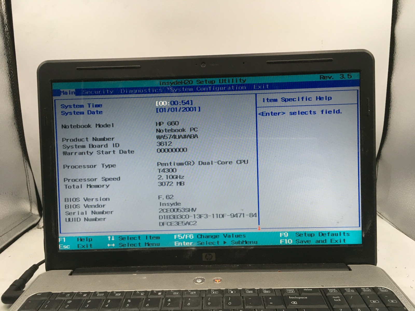 HP G60 LAPTOP – BOOTS TO BIOS – INTEL CORE 2 DUO – 3GB RAM – READ DESCRIPTION-BB
