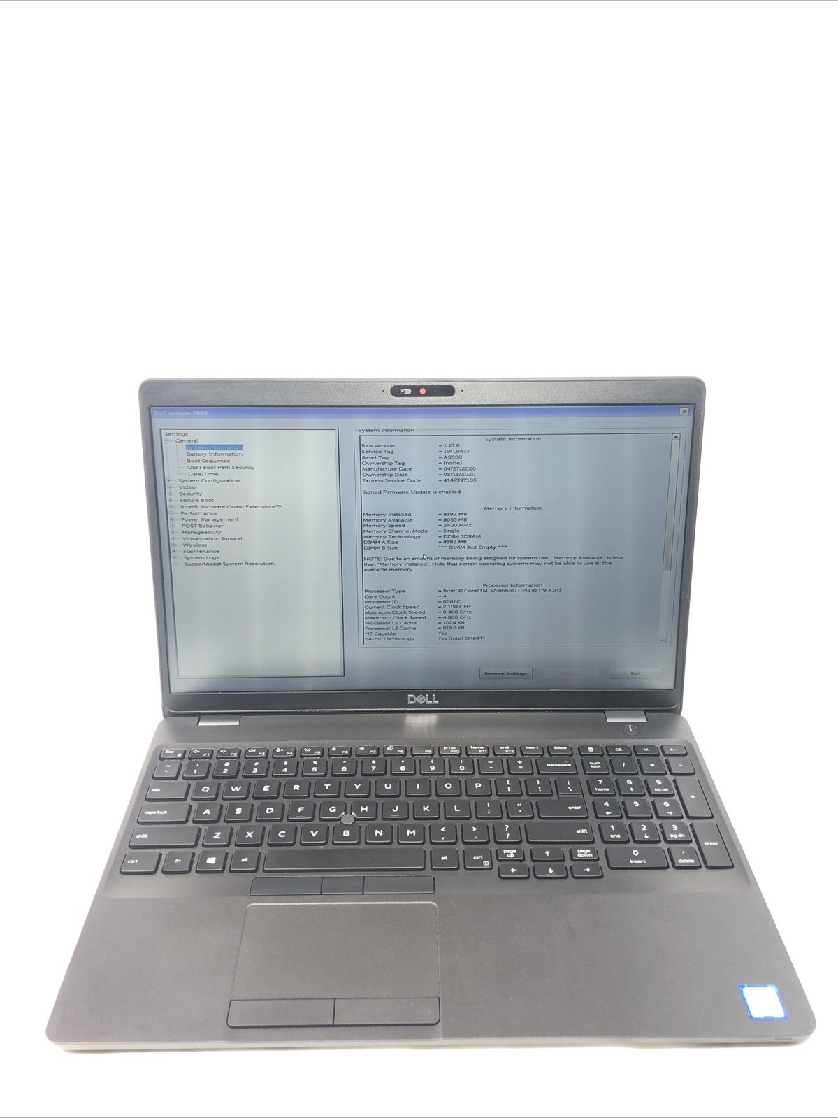 Dell Latitude 5500, Intel Core i7-8665U @1.90Ghz, 8GB RAM, NO SSD/OS, Tested!