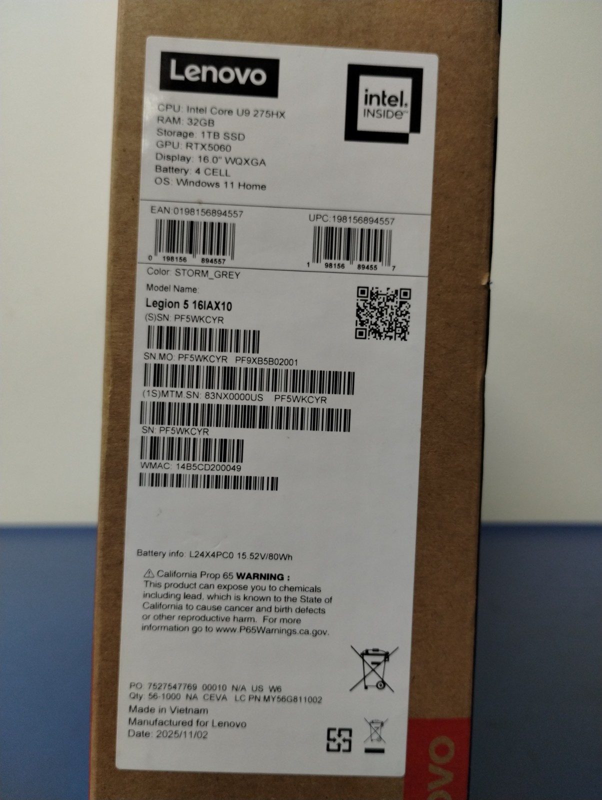 Lenovo Legion 5 16IAX10, Intel Core Ultra 9 275HX, 2.70 GHz 32 GB RAM, 1 TB NVMe
