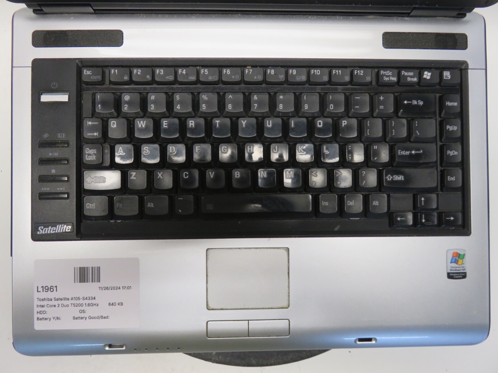 Toshiba Satellite A105-S4334 Intel Core 2 Duo T5200 1.6GHz 640 KB NO HDD No Batt