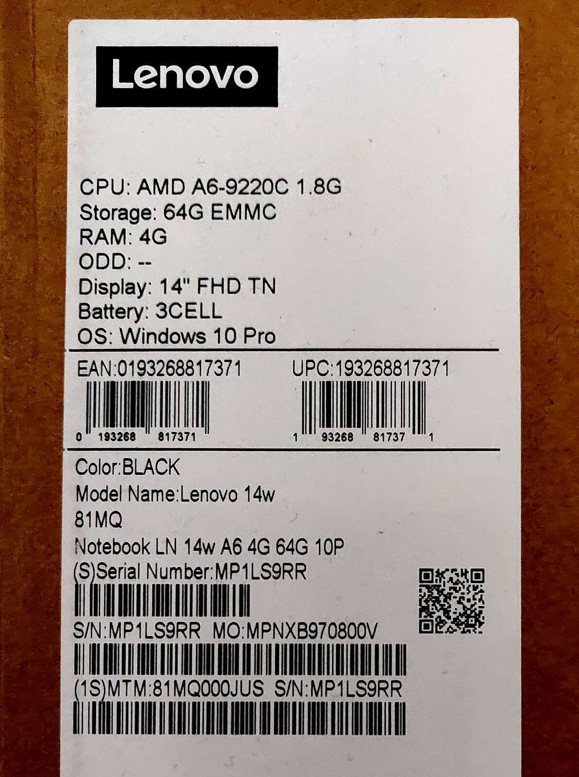 Lenovo 14″ AMD A6-9220C 81MQ, 1.8GHz 4G Ram 64 GB EMMC, Win 10 Pro New in Box