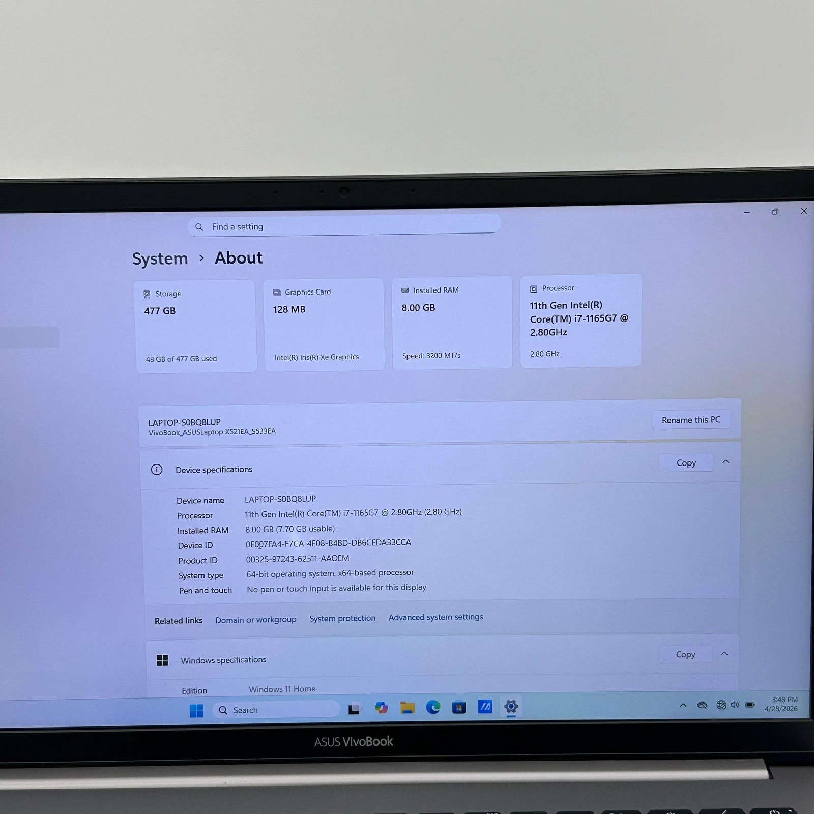 Asus ASUS VivoBook S533E 15.6″ i7-1165G7 8GB DDR4 512GB SSD Silver