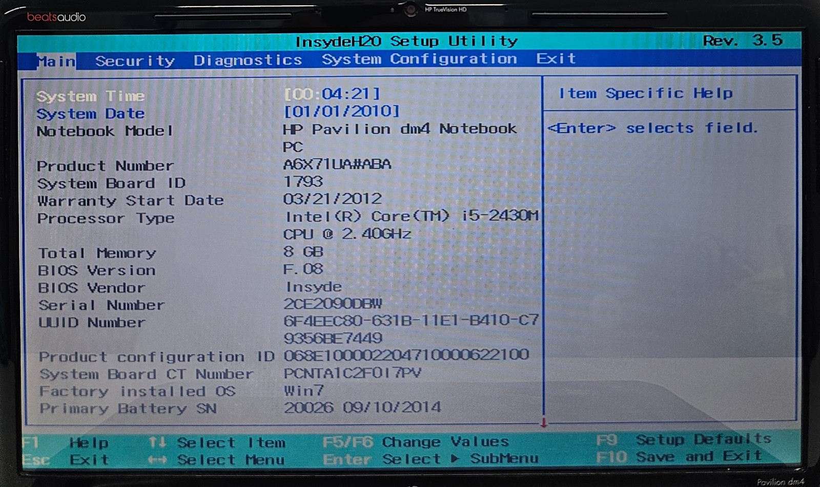 HP Pavilion dm4-3055dx Laptop intel Core i5-2430M 8GB Ram NO HD/OS (FL)