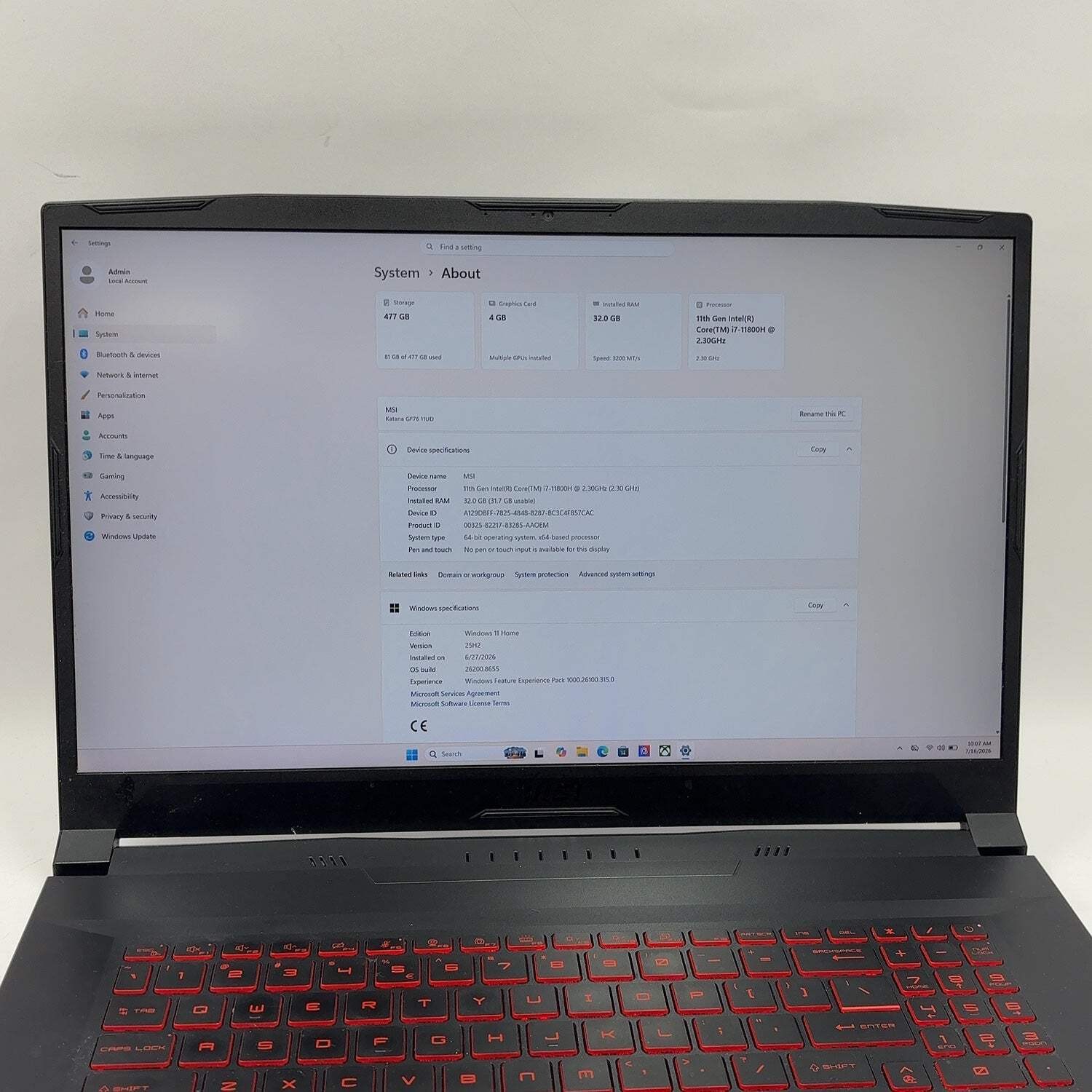 Broken MSI Katana GF76 17″ i7-11800H 32GB RAM 512GB SSD GeForce RTX 3050 Ti Read