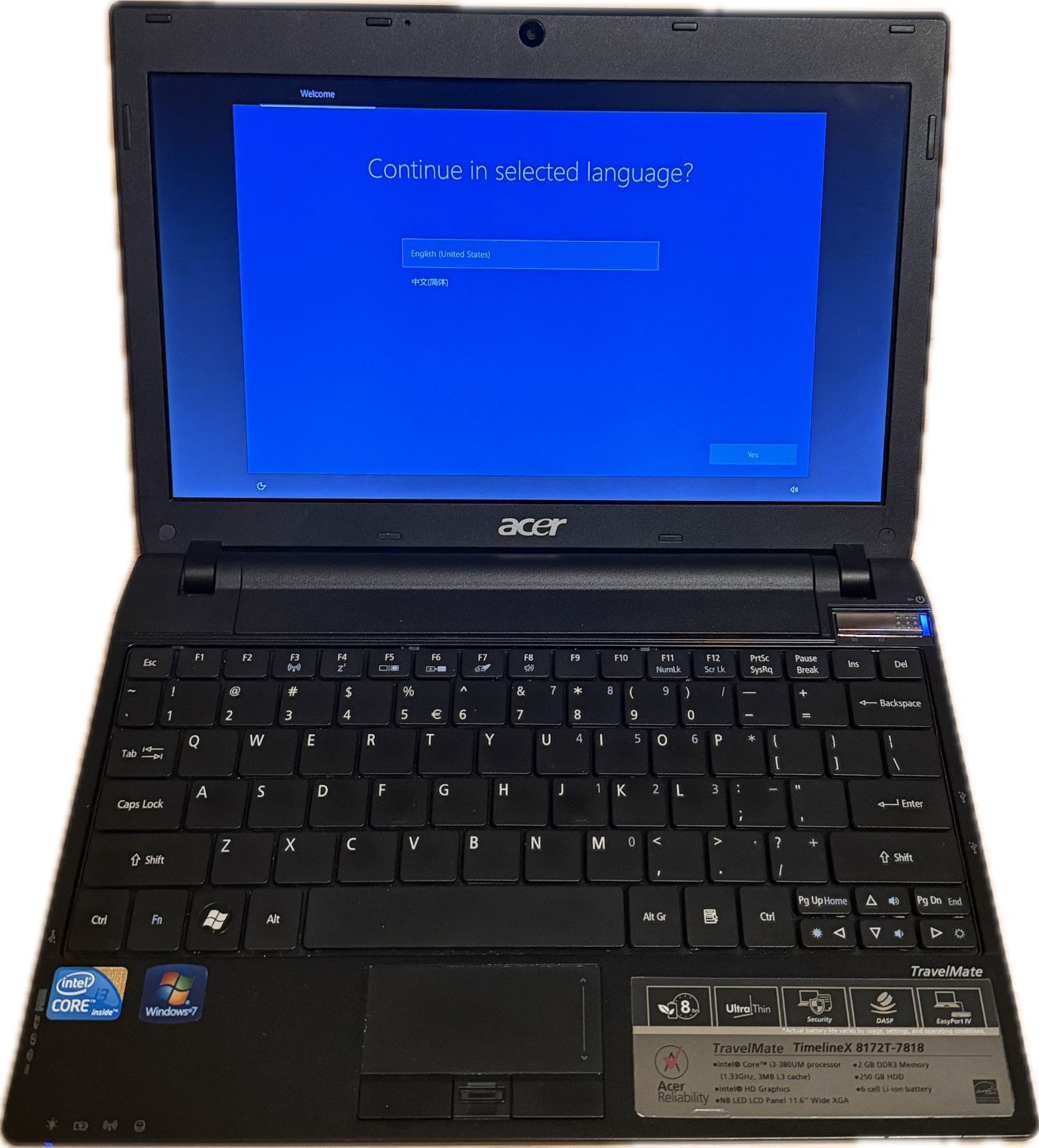 Good Condition in Box Acer TravelMate 8172 Laptop, 11.6in, Intel Core i3, 250GB