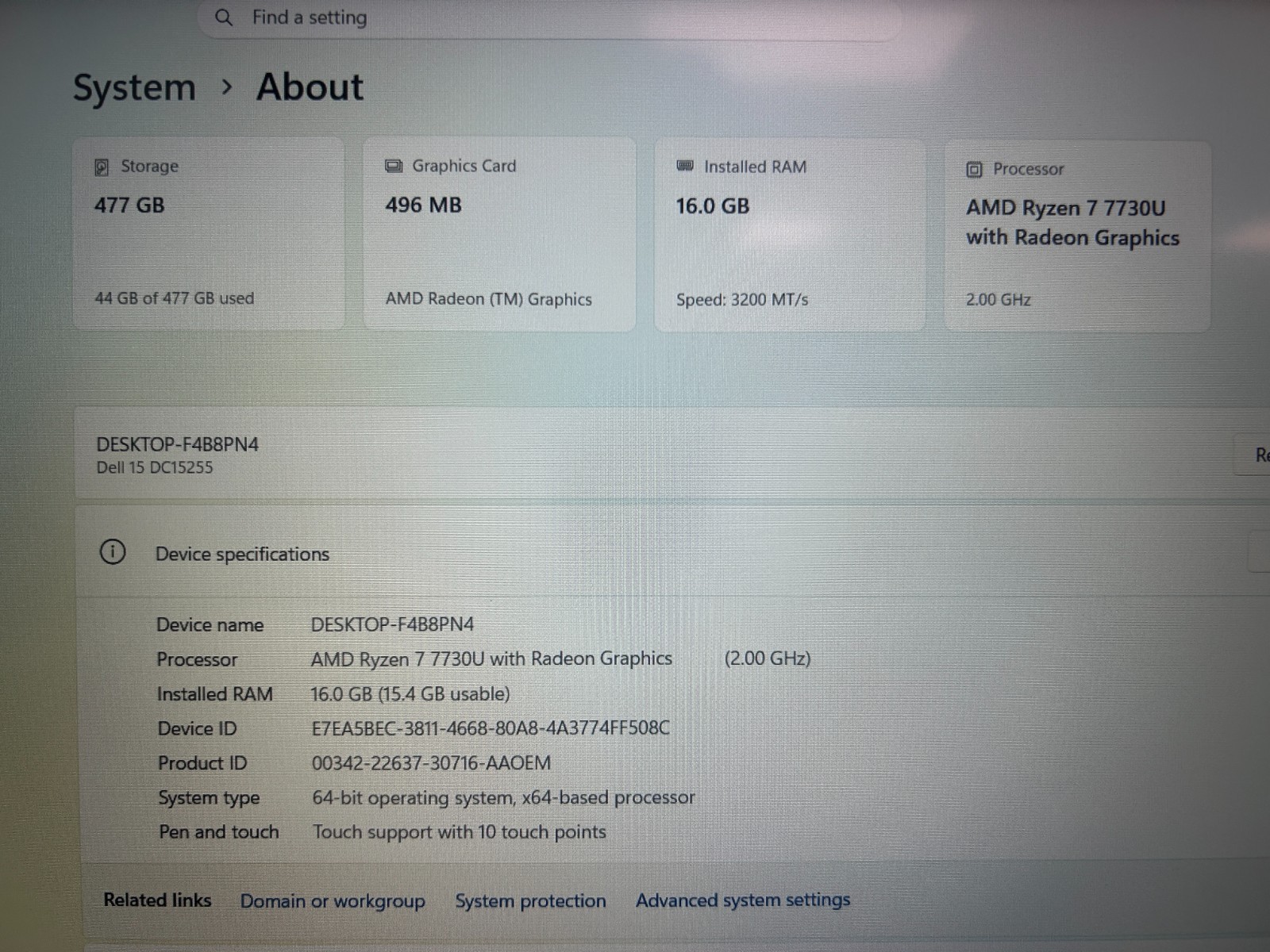 DELL 15 DC15255 G8MK9, AMD Ryzen 7 7730U, 2.00 GHz, 16 GB RAM, 512 GB NVMe SSD