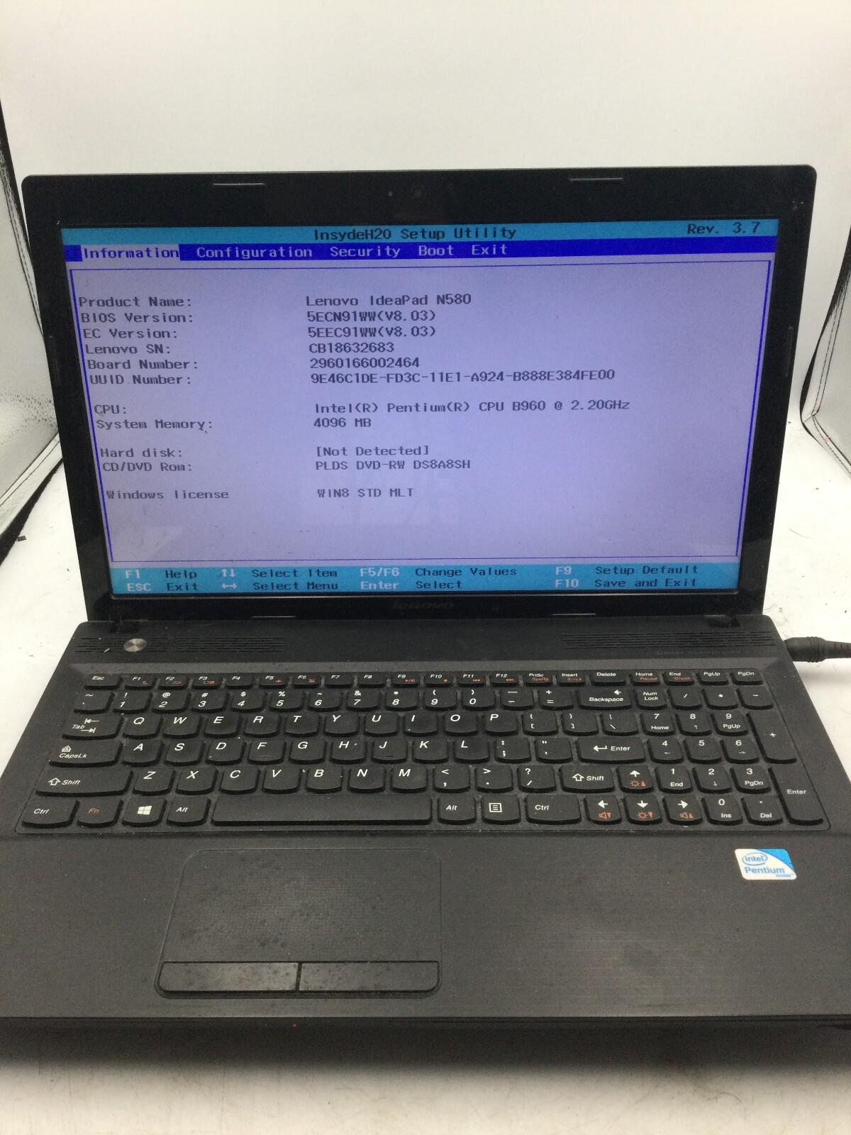 LENOVO IDEAPAD N580 – BOOTS TO BIOS – INTEL PENTIUM B960 – 4GB RAM -READ DESC-BB