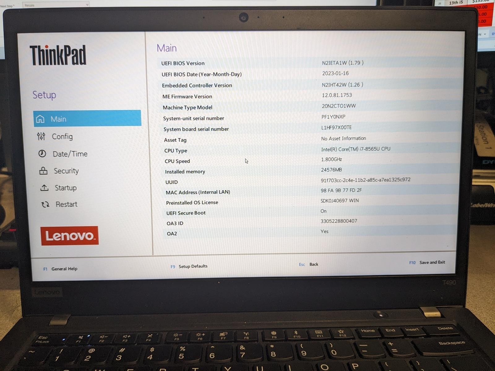 LENOVO THINKPAD T490 i7-8565U @ 1.80GHz, 24GB RAM, NO HDD/OS