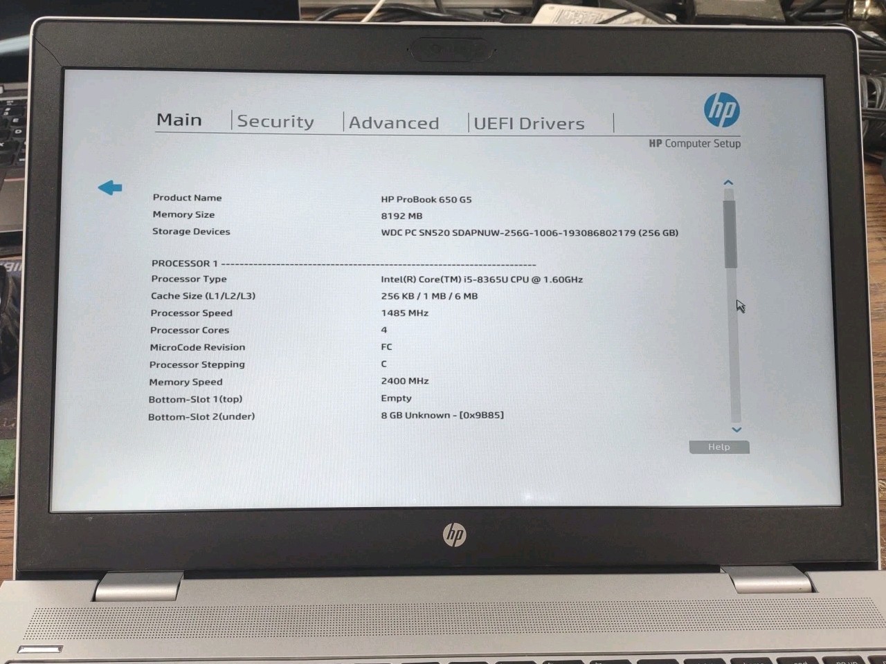 HP Probook 650 G5 LAPTOP 15.6 W/ i5-8365U 1.60GHz, 8GB, 256GB.