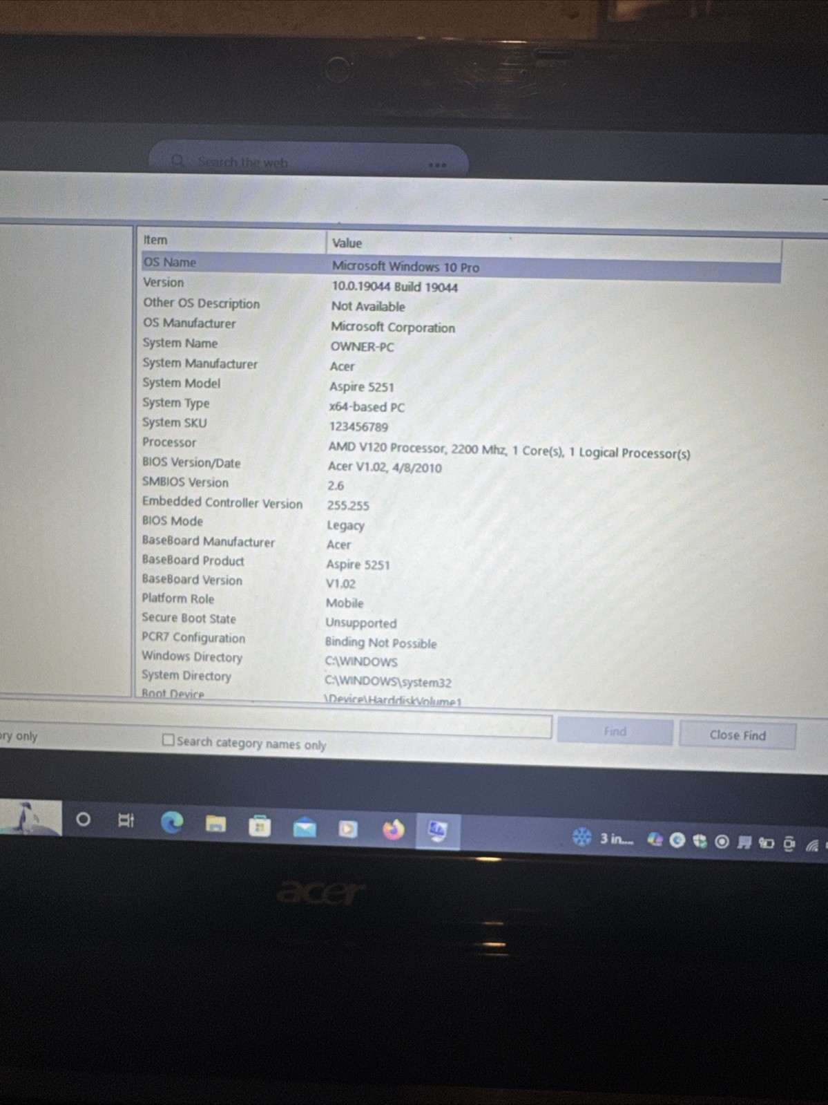 Aspire 5251 AMD V120 Processor 2200Mhz 8Gb Ram Windows 10 Pro