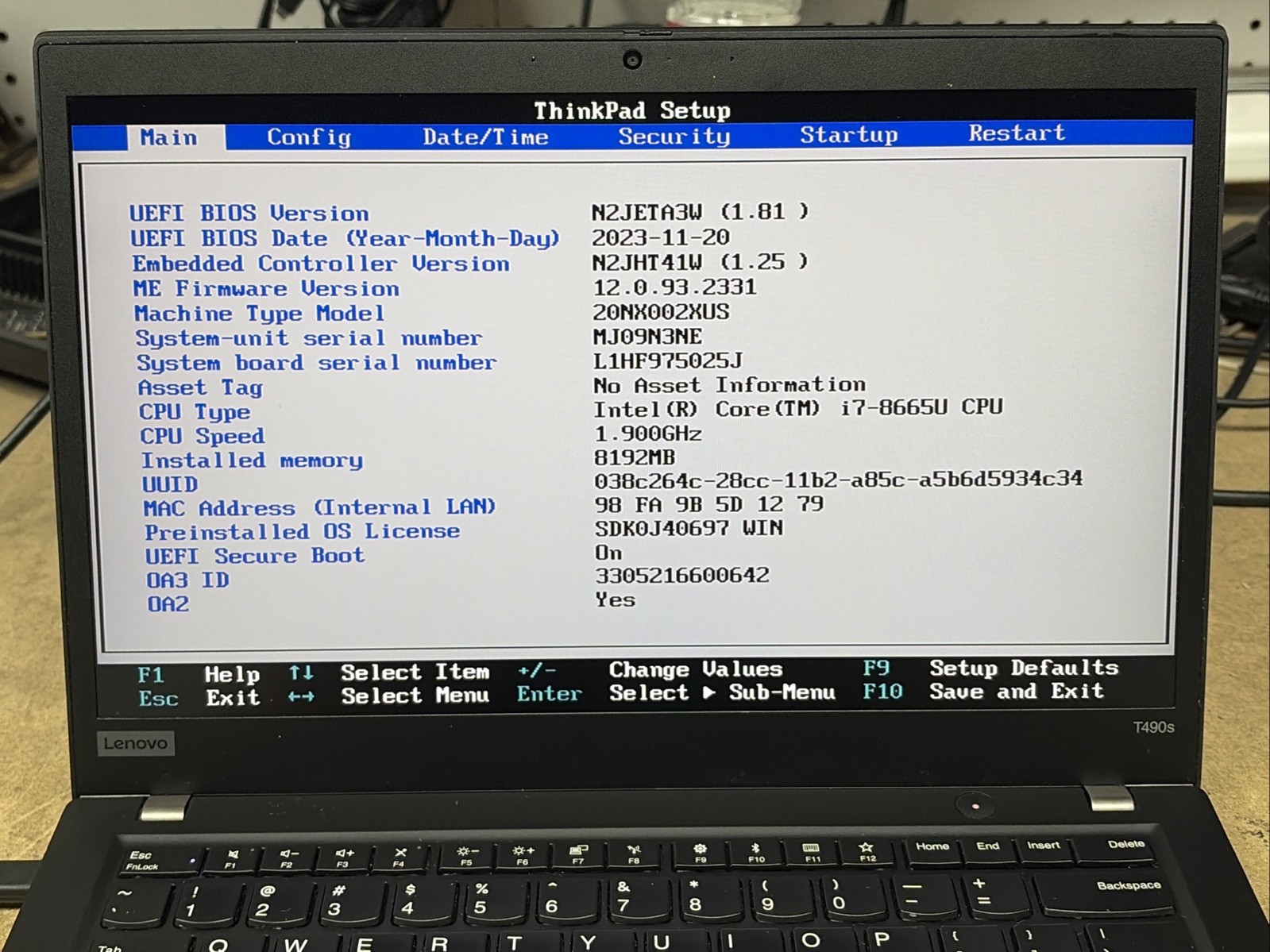 Lenovo ThinkPad T490s 14″ FHD i7-8665u 8GB RAM No OS/SSD