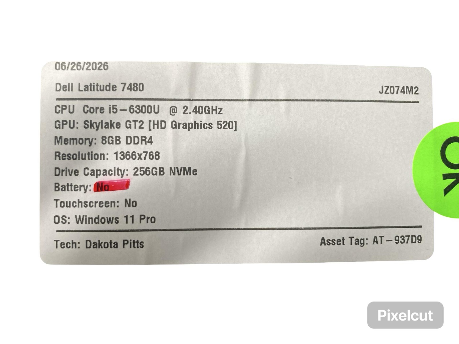 Dell Latitude 7480 Corei5 6300U 8GB Win11Pro 256GB No Battery Grade C