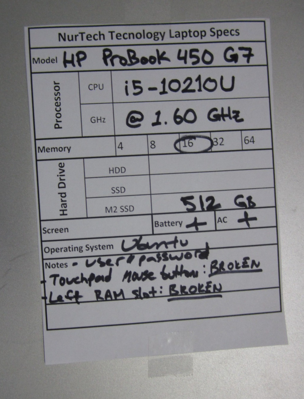 HP ProBook 450 G7 i5-10210U 1.6GHz 16GB 512GB M2SSD UBUNTU Laptop + AC READ