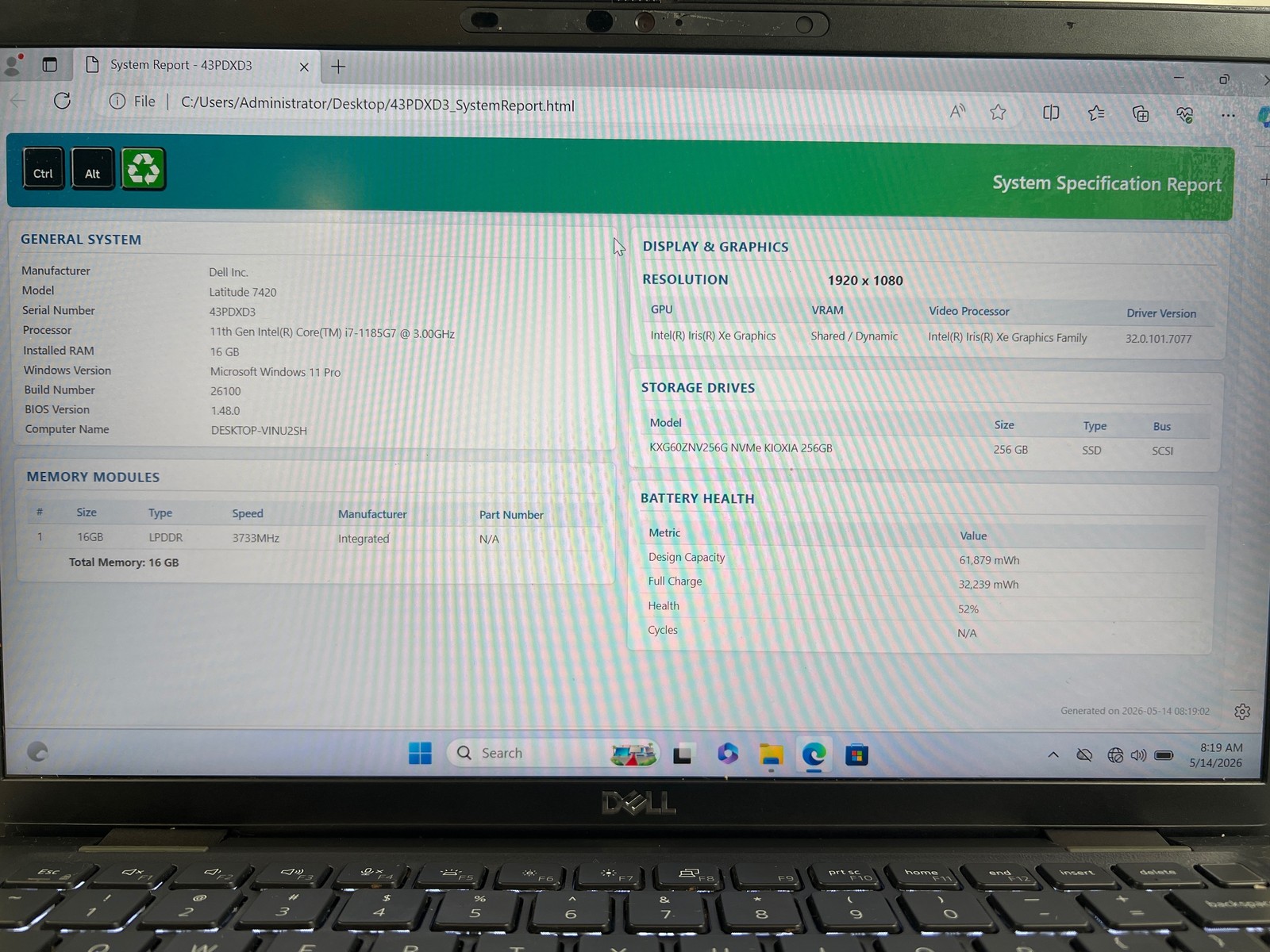 Dell Latitude 7420 Intel Core i7-1185G7 @ 3.00GHz 16 GB 256GB SSD 14″