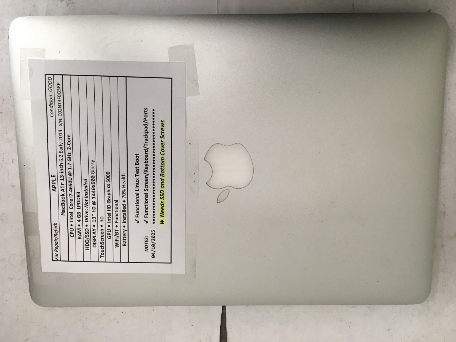 APPLE MacBook Air 13 inch 6,2 Early 2014 used laptop for parts/repair