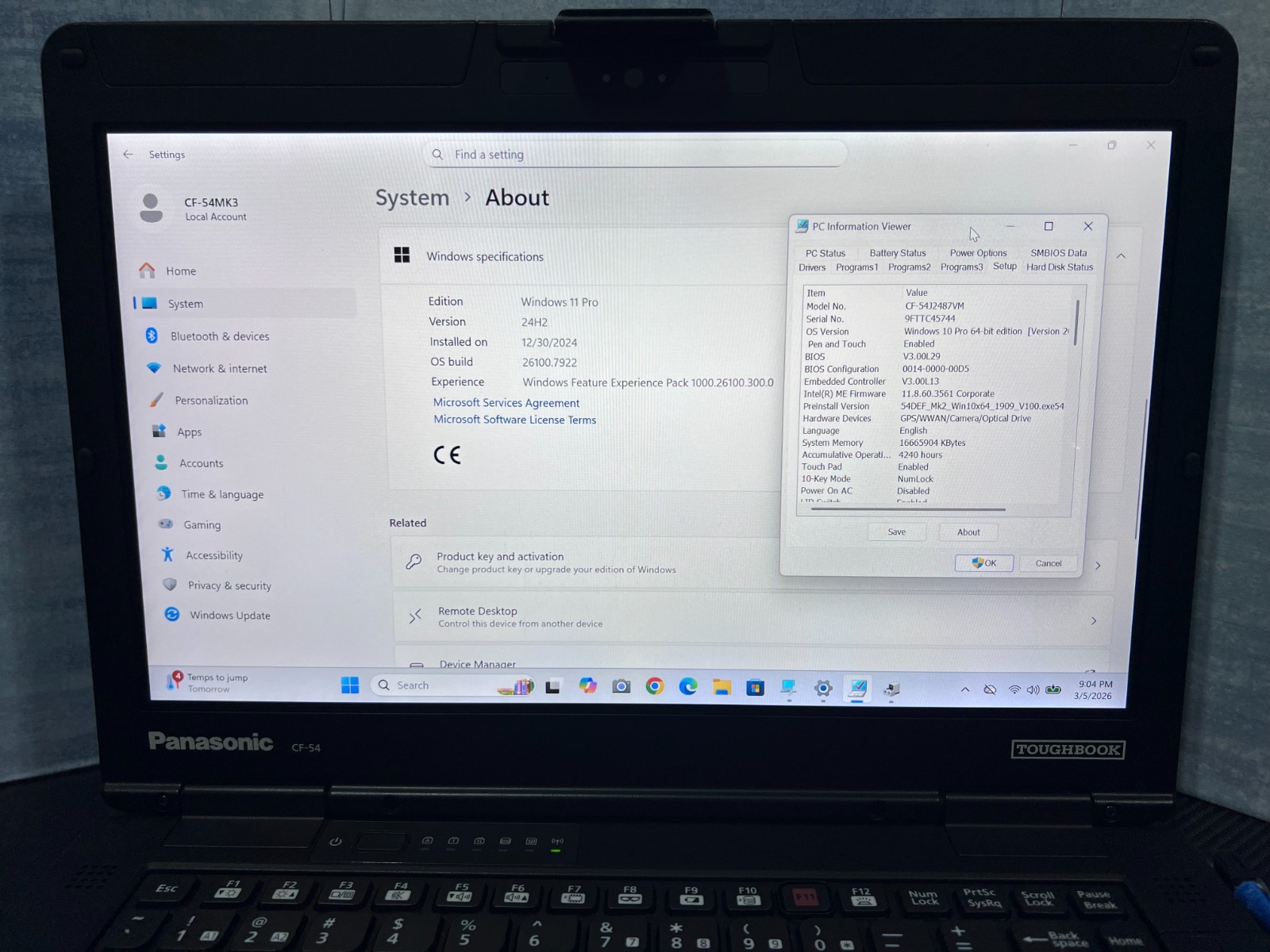 CF-54J2487VM, i5-7300U @2.60GHz, 256GB SSD M.2, 16GB, TOUCHSCREEN, 4G LTE, 4240H