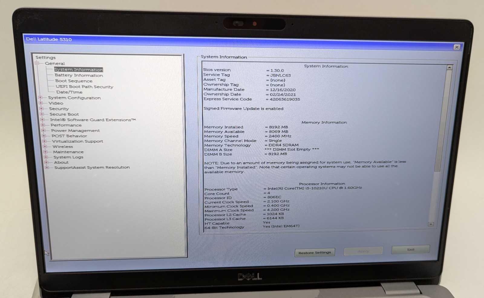 Incomplete Dell Latitude 5310 13.3″ Laptop Intel Core i5-10210U 1.60GHz 8GB RAM