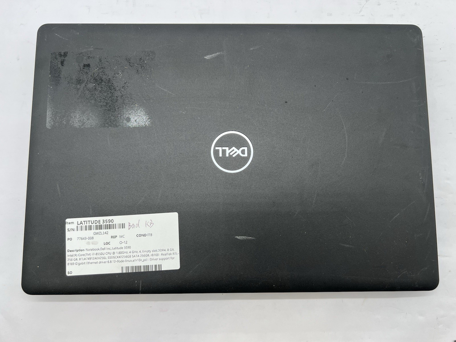 Dell Latitude 3590, i7-8550U CPU, @ 1.80GHz, 8GB RAM, 256GB SSD-No OS/Charger