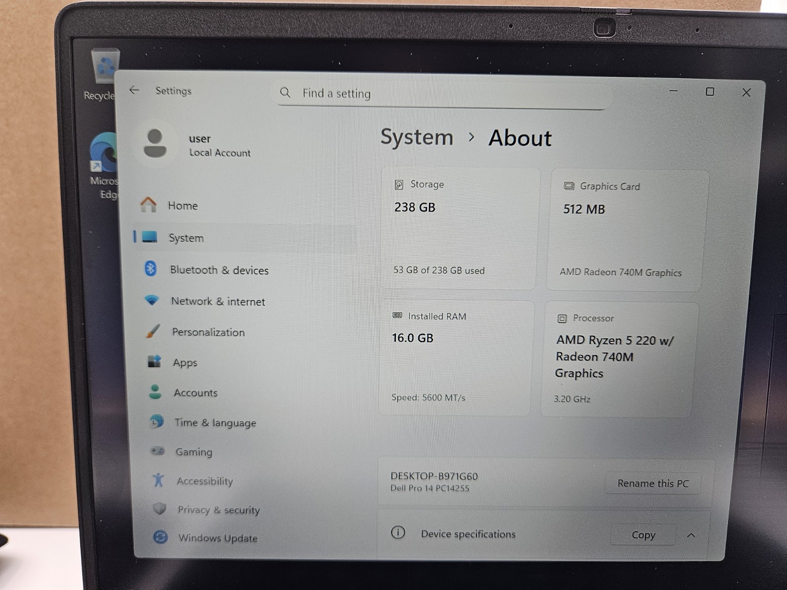 Dell Pro 14 PC14255 AMD Ryzen 5 220 16GB RAM 256GB SSD